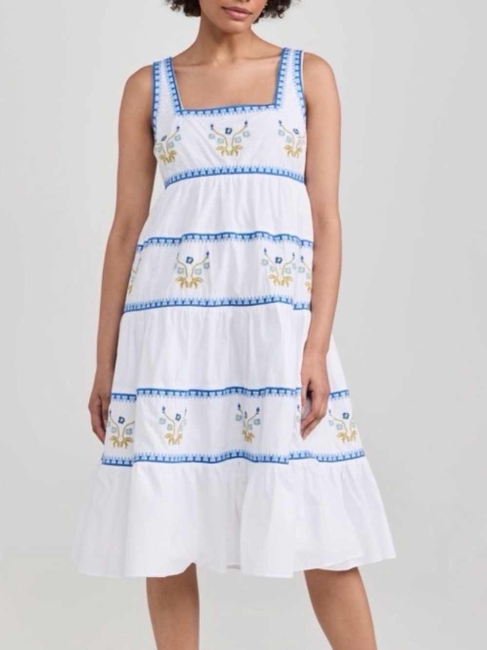 English Factory White Midi Dress with Blue Embroidery